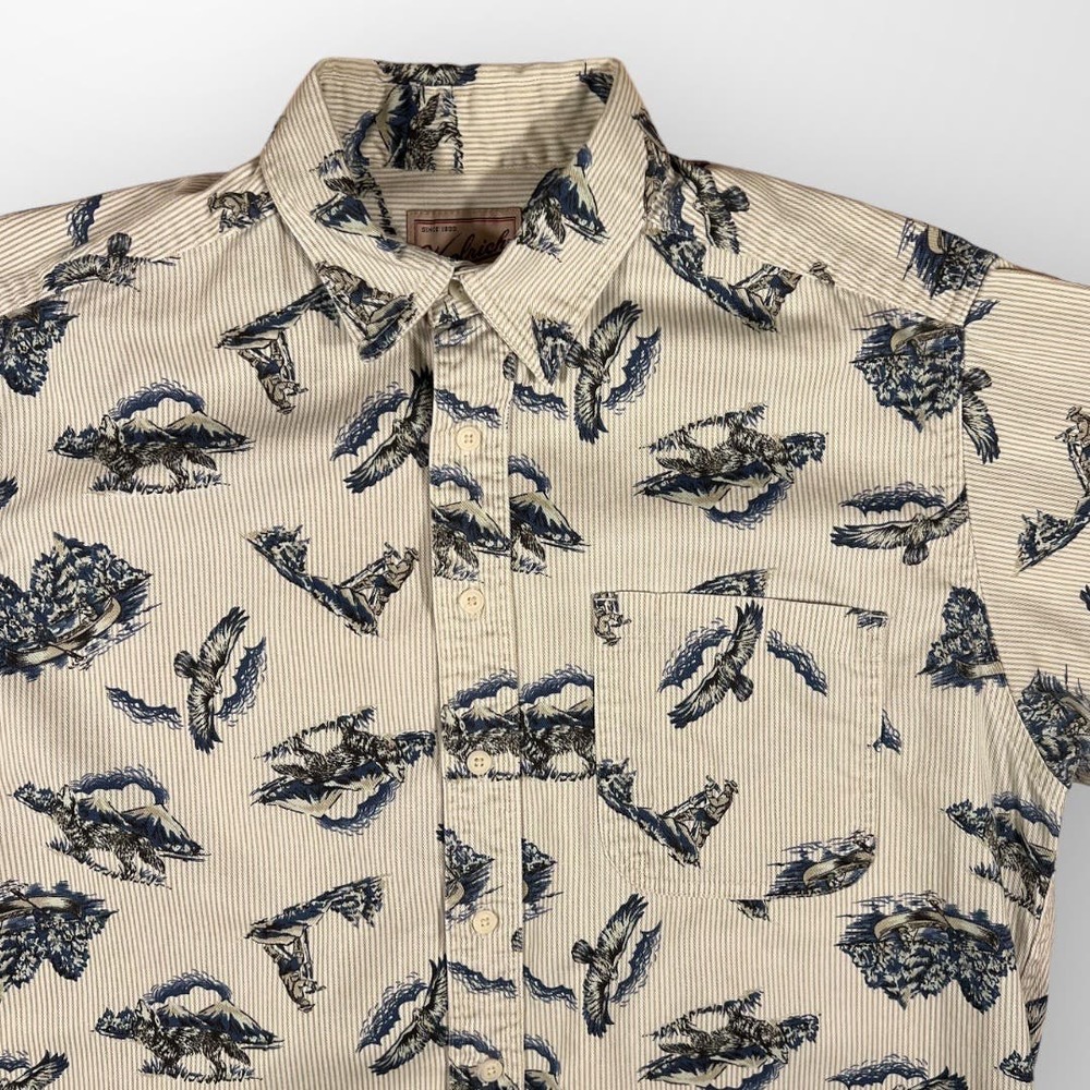 Woolrich (L) USA Short-Sleeve Button-Up Collar Stripe Eagle Canoe Outdoor